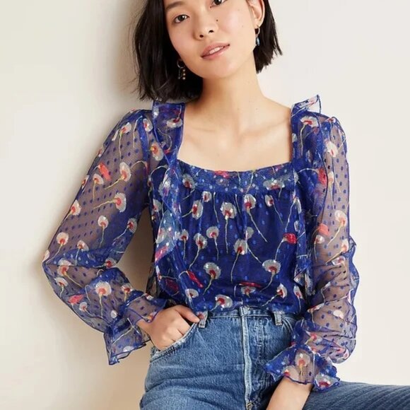 Anthropologie Tops - Anthropologie Eva Franco NEW Dalia Ruffled Mesh Top Blue Size M